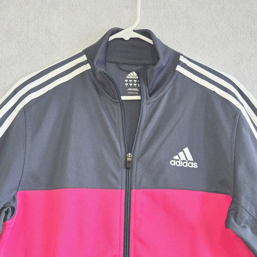 Adidas Track Jacket women Medium Grey Pink Stripe Full Zip 3-Stripe B#294